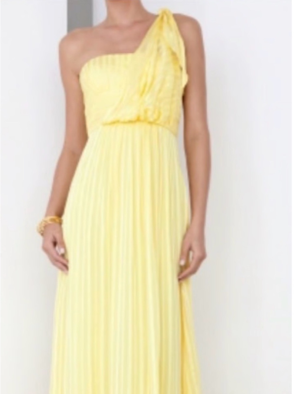 BCBGMaxAzria One-Shoulder Pleated Maxi Dress in Soft Yellow